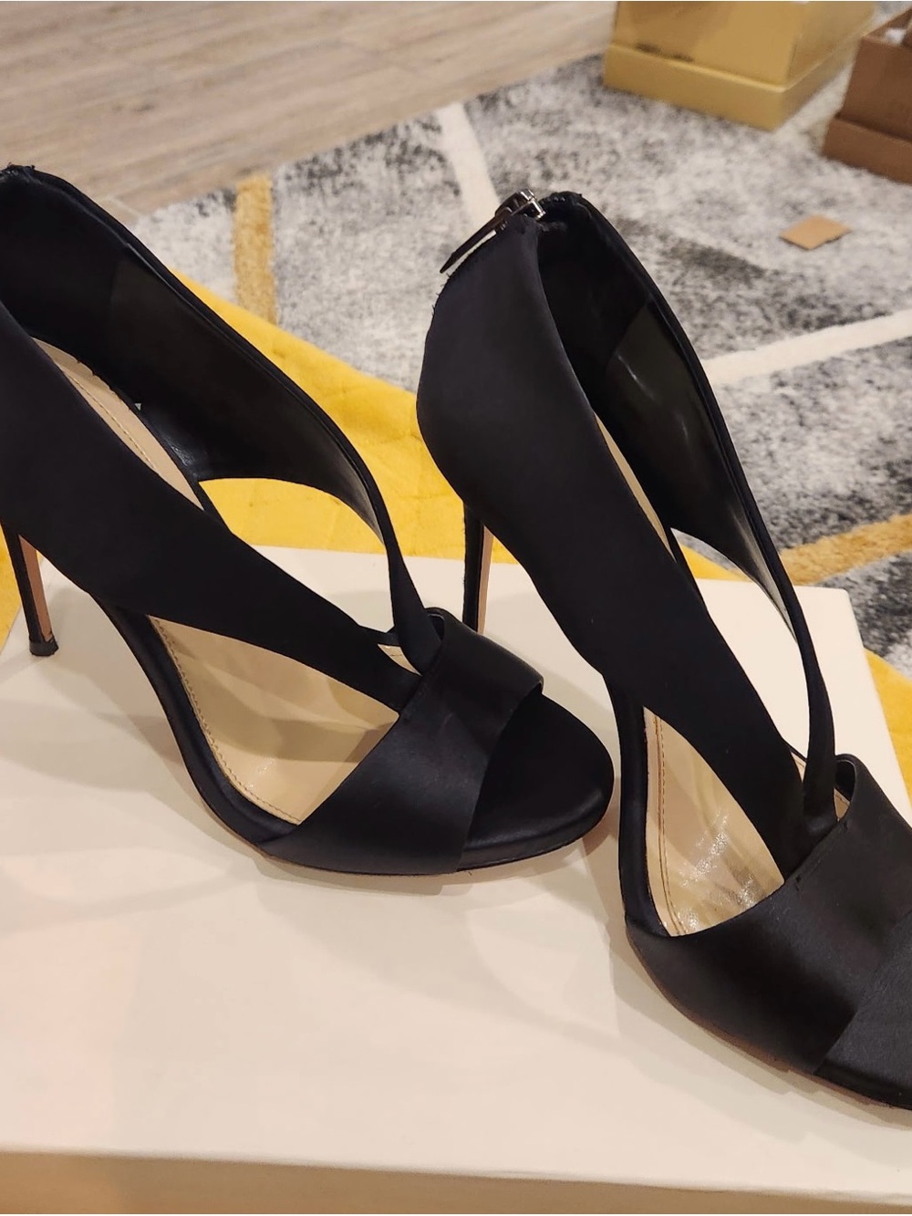 Vince Camuto Black Satin Crossover Open-Toe Stiletto Heels